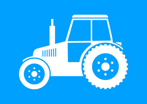 White tractor icon on blue background