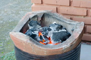 Burning charcoal flame in the stove