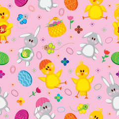 Colored Easter eggs, bunnies, baskets, flowers, chickens, and