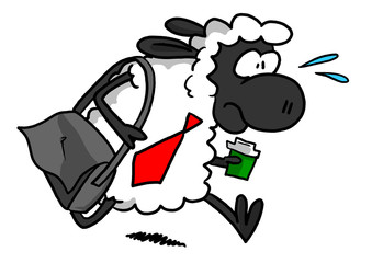 White Sheep With Coffee And Bag Rushing To Work