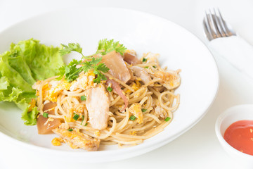 Stir fried Spaghetti with Chicken and egg. and egg.