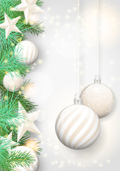 Christmas background with white ornaments and branches