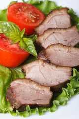 roasted duck breast meat with vegetables closeup  vertical