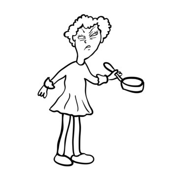 Dissatisfied woman with a frying pan, vector.