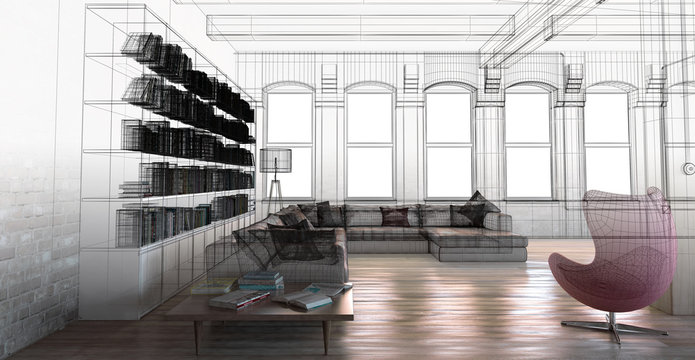 Interno soggiorno vintage con libreria openspace 3d