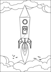 Rocket Flying into Space Through the Sky with Clouds and Birds,