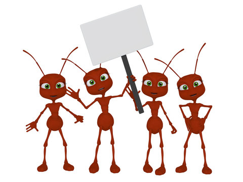Ants 3d cartoon with a blank sign