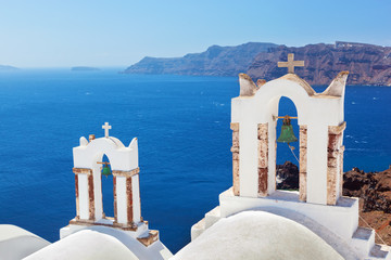 Fototapeta premium Oia town on Santorini island, Greece. Caldera on Aegean sea.