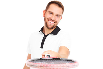 Tennis coach giving a racket