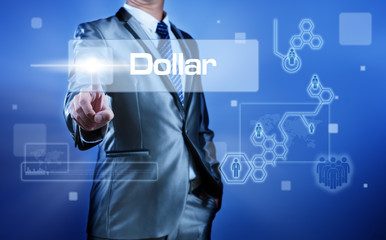 Business man with digital screen press on button dollar