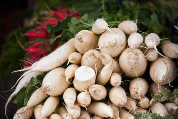 White radishes pile in a market