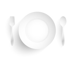 Empty dish, fork and spoon placed alongside. on white background
