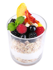Healthy breakfast - yogurt with  fresh fruit, berries and