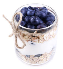 Healthy breakfast - yogurt with  blueberries and muesli served