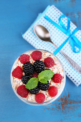 Healthy breakfast - yogurt with  fresh fruit, berries and