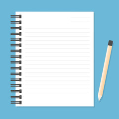 White notebook with lines can shred and pencil. vector illustrat