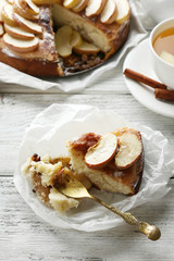 Homemade apple pie served on table, close-up