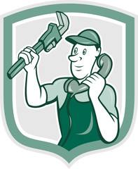 Plumber Monkey Wrench Telephone Shield Cartoon