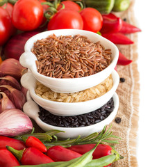 Red, black and unpolished organic rice and vegetables