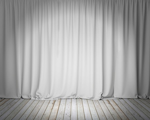 white stage curtain with wooden floor, background