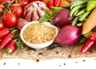 Whole upolished organic rice and vegetables