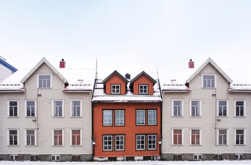 Cityscape of small town street with wooden houses in Norway