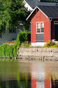Porvoo, Finland. Old wooden red houses on the riverside