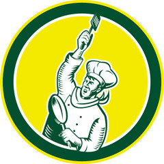 Chef Cook Holding Spatula Pan Woodcut