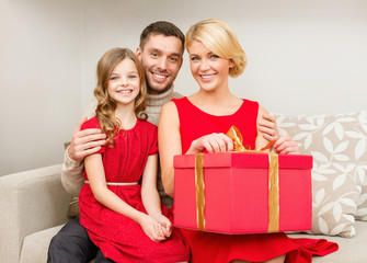 happy family opening gift box