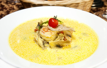 Mexican soup with vegetable puree peppers and chicken meat