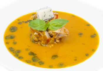 Mexican soup with vegetable puree peppers and chicken meat