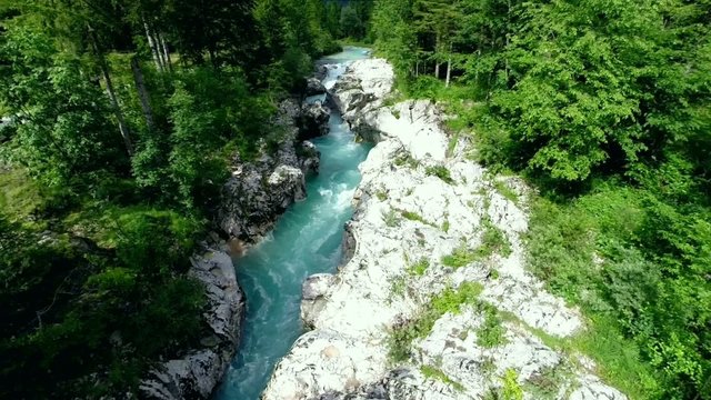 flying over mountain river (soca, slovenia)