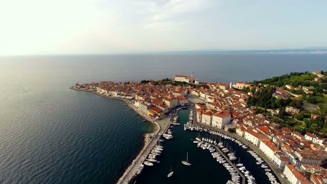 flying over the city of piran, slovenia