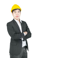 Asian engineer with drawings standing isolated on white backgrou