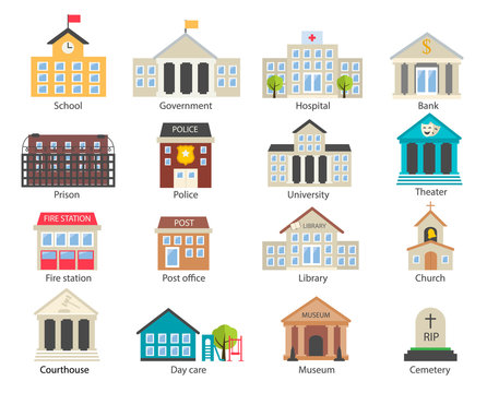 Color government buildings  icons set in flat style, vector