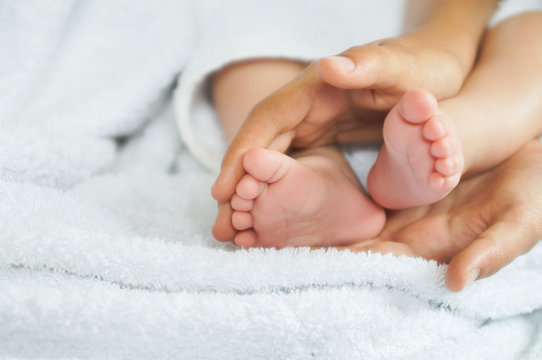Baby feet in mother's hands