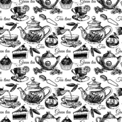 Tea and cake seamless pattern. Hand drawn sketch vector