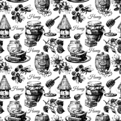 Vector honey seamless pattern with hand drawn sketch