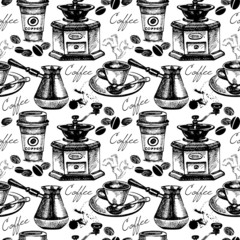 Vintage koffie naadloze patroon. Hand getekende vectorillustratie