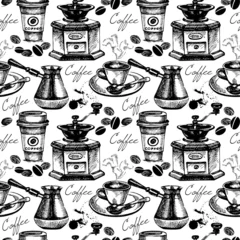 Foto op Plexiglas Koffie Vintage koffie naadloze patroon. Hand getekende vectorillustratie