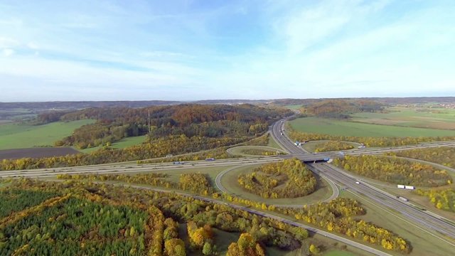 aerial view of highway junction in autumn