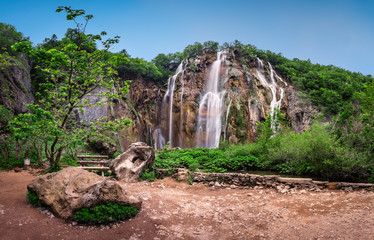 Naklejka premium Plitvice Lakes National Park Waterfalls in the Morning, Croatia
