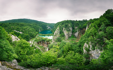 Naklejka premium Plitvice Lakes National Park Waterfalls in the Misty Morning, Cr