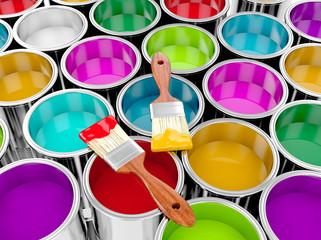 metal paint cans with colorful paint and paintbrush
