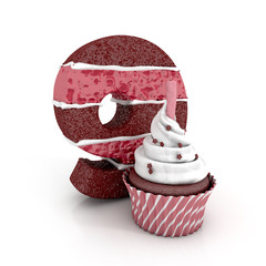 chocolate birthday cake in shape of number nine with cupcake