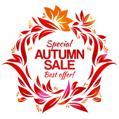 Hand drawing autumn floral label with sales message