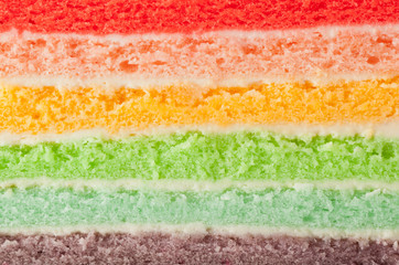 Closeup of the different layers of a rainbow cake