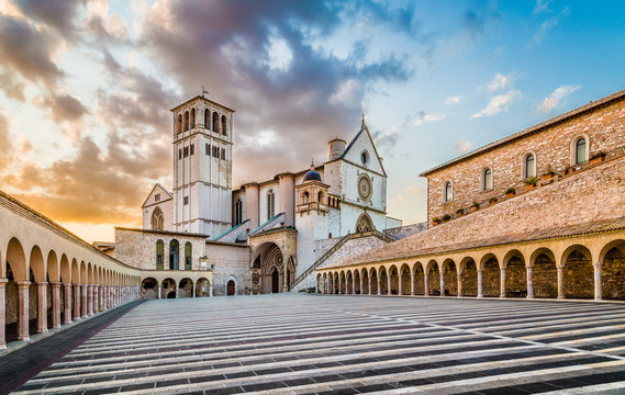Basilica of St. Francis of Assisi at sunset, Assisi, Italy