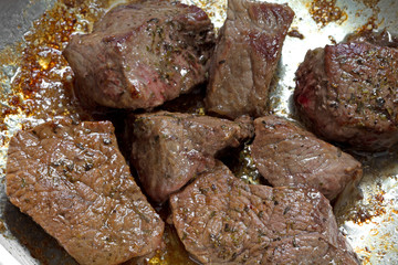 Cooked beef sirloin tips in frying pan