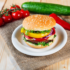 homemade hamburger with fresh vegetables, close up